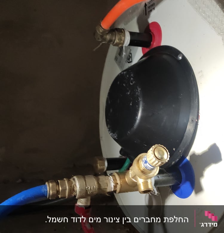 צינורות צבעוניים מחוברים לדוד מים עם ברזים